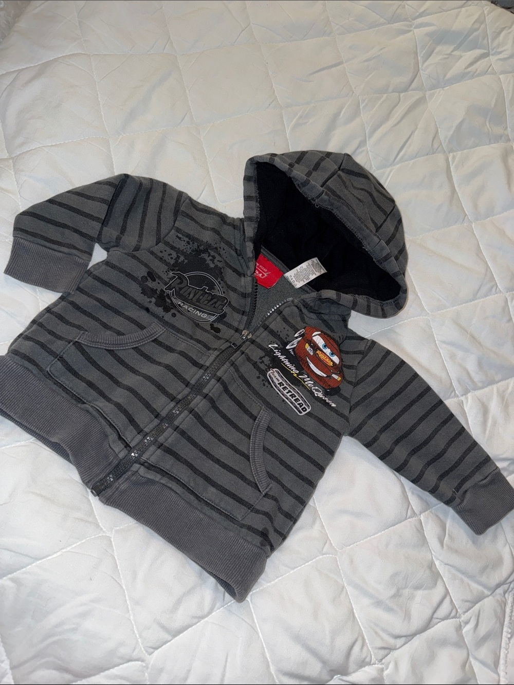 2T Disney Cars Gray Striped Hooded Zip-Up Jacket Kids Rusteez, Lightning McQueen